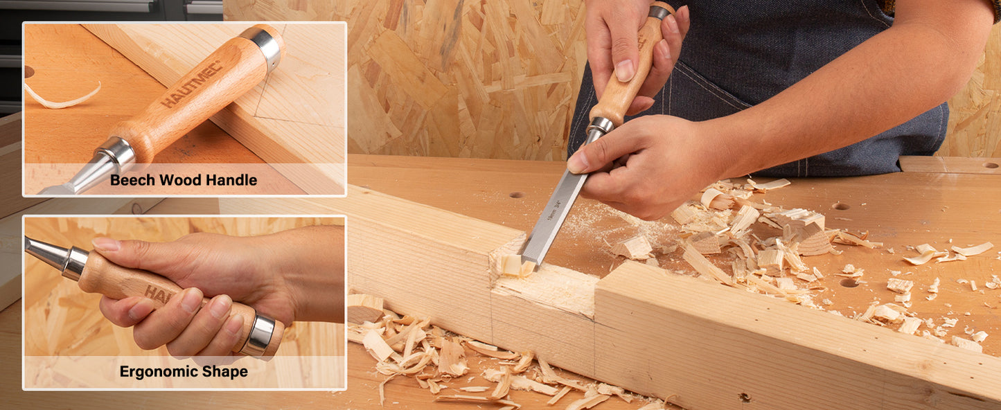 HAUTMEC 4PCS Wood Chisel Set for Woodworking, Carpentry Carving Tool with Bevel Edged Steel Blade, High Impact Handle for Woodcutting Sharpening HT0235-WW