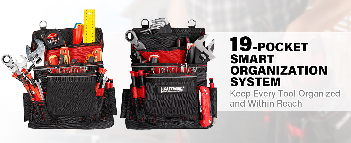 HAUTMEC Professional Tool Belt with Suspenders, 19 Pockets, Heavy-Duty 1680D Work Belt with Adjustable Padded Waist & Shoulder Support, Phone Pouch, Hammer & Tape Holder – HT0400