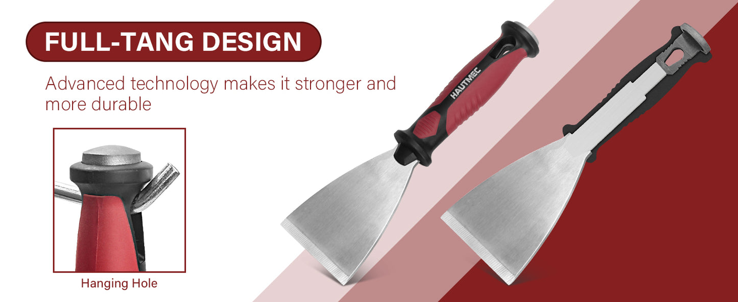 HAUTMEC Putty Knife 4 PC Set, 1.25",2",3" Paint Scraper & 3" 8-in-1 Paint Stripper, Heavy Duty Stainless Steel Blade and Hammer End for Removing Wallpaper, Plaster, Cement HTPSH25060
