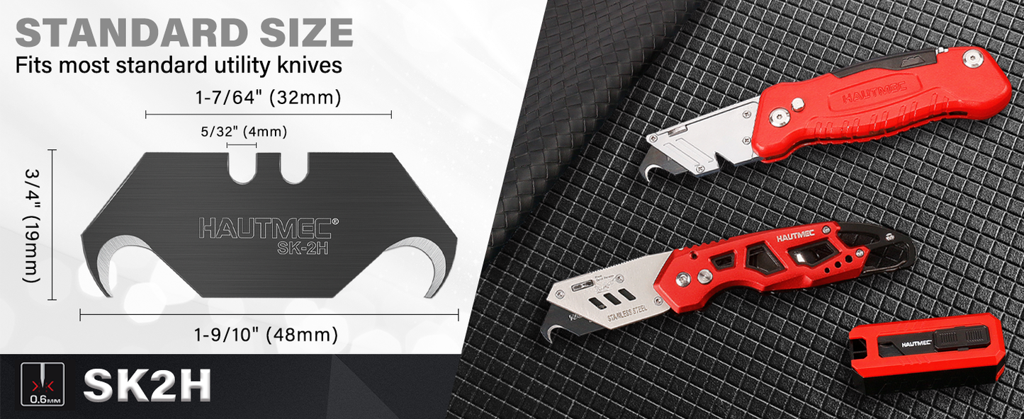 HAUTMEC Utility Knife Hook Blades, 10-Pack SK2H Steel Razor Blades with Innovative Safety Dispenser, Standard Size Replacement Blade for Heavy-duty Material Cutting – HTUBH25010