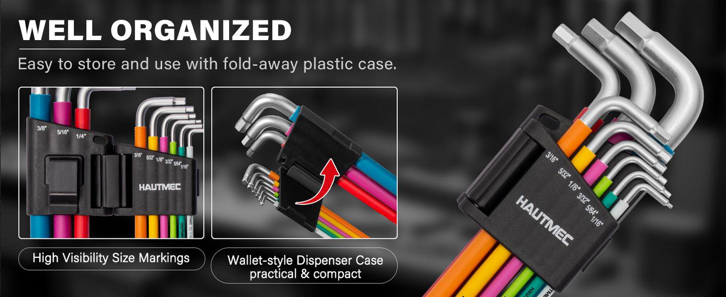 HAUTMEC Allen Wrenches Sets with Ball End, 9PCS Extra Long Arm Hex Key Set,  Heavy-Duty S2 Steel Pro Allen Key Set, 1/16" to 3/8", Color Coded Sleeve with Belt Loop Pouch for Professional Mechanics HTHKP25055