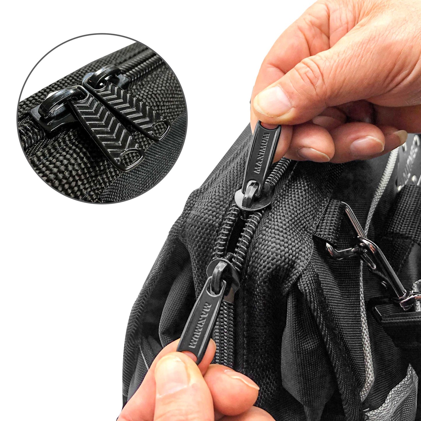 HAUTMEC Pro 16-inch Wide Mouth Tool Bag With 47 Pockets, Water-safe and Strengthened Base, Safety Reflective Straps for Tool Organization And Storage HT0183-TB