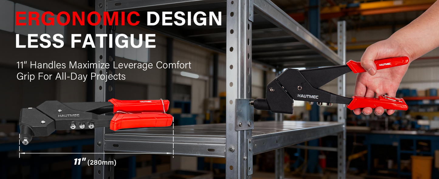 HAUTMEC 360° Swivel Head Rivet Gun with 120 Rivets 3/32"(2.4mm) 1/8"(3.2mm) 5/32"(4.0mm) 3/16"(4.8mm) and 4 Manual Interchangeable Rivet Heads HTRTM25062