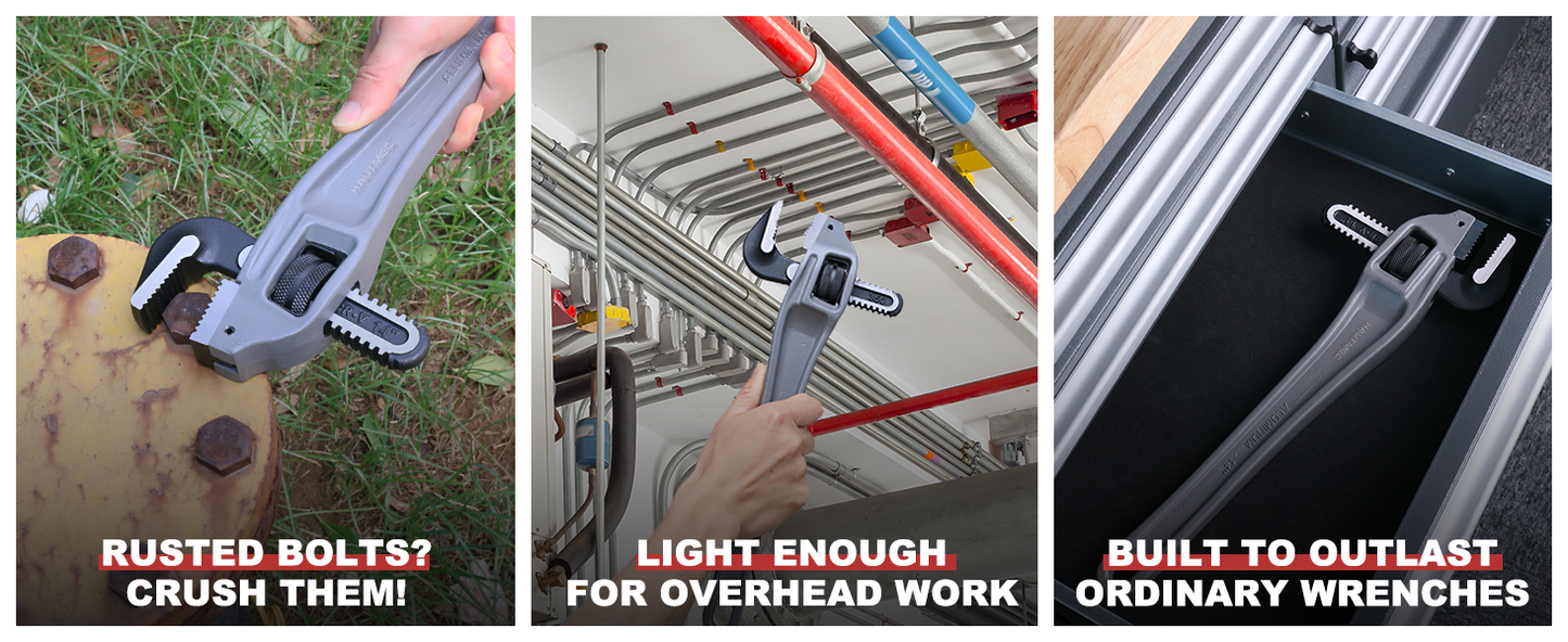 HAUTMEC 14 Inch Aluminum Offset Pipe Wrench, Heavy Duty Adjustable Plumbing Wrench, 2" Jaw Capacity, 40% Lighter Drop Forged Construction, for Use in Tight Spaces HT0189