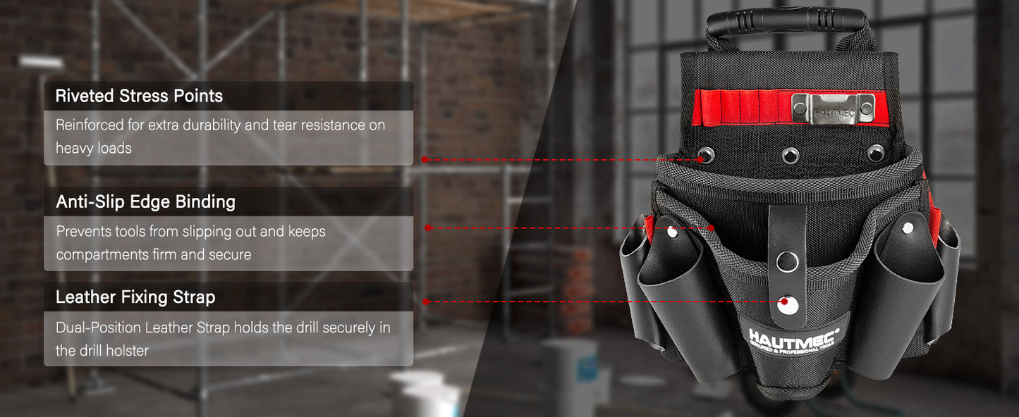 HAUTMEC Heavy-Duty Tool Pouch with Drill Holster, 1680D Tool Bag for Belt with Rubber Handle, 2 Main Compartments, 4 Leather Pockets, 11 Elastic Loops, Tape Measure Holder  – HT0410