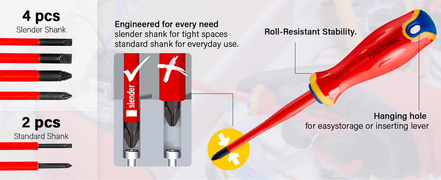 HAUTMEC 1000V 6Piece VDE Insulated Screwdrivers Set with Forged S2 Shanks, Magnetic Tips, Tri-Material Cushion Grip, Professional Electrician Screwdriver Kit, HT0331