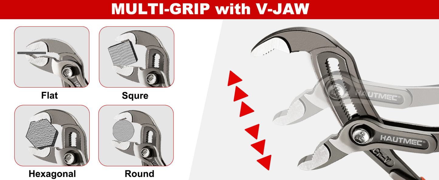 HAUTMEC 3 PCS Water Pump Pliers Set, Fast Adjustable Tongue and Groove Joint Pliers Tool Set,V-Jaw with Comfort Grips, 7 10 12Inch Plier Rust-Proof CRV Steel Construction for Plumbing HT0370-PL