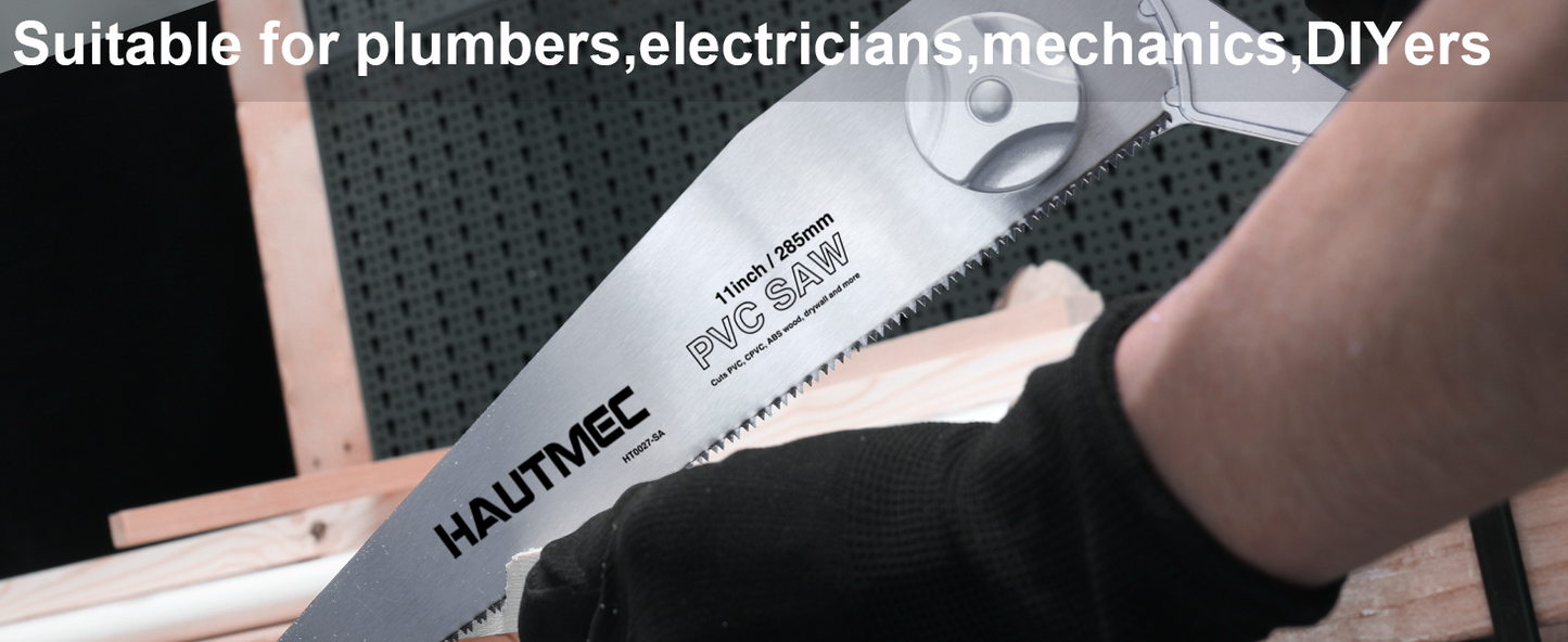 HAUTMEC Heavy Duty 11-Inch PVC/ABS Pipe Saw And General Purpose Hand saw, Adjustable Cutting Angle, For Cutting Pipe In Tight Spaces, for Trimming, Gardening, Wood, Drywall, And Plastic HT0027-SA