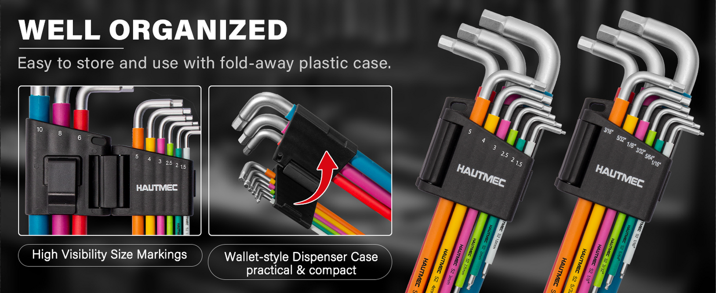 HAUTMEC Allen Wrenches Sets with Ball End(SAE & Metric), 18PCS Extra Long Arm Hex Key Set,  Heavy-Duty S2 Steel Pro Allen Key Set, 1/16" to 3/8" and 1.5-10mm, Color Coded Sleeve with Belt Loop Pouch HTHKP25053