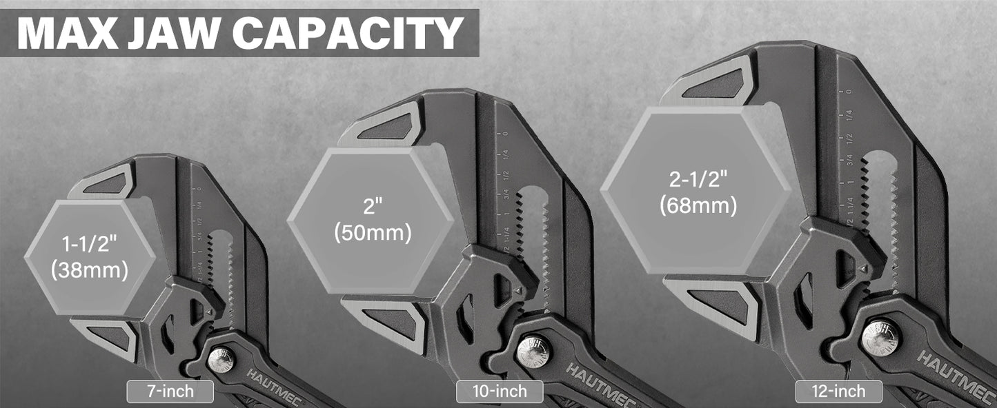HAUTMEC 3PCS Adjustable Pliers Wrench Sets (7 10 12"), Smooth Jaw Parallel Pliers, Heat-Treated CR-V Steel & Phosphated Rust-Resistant, SAE/Metric Scale, Storage Belt Pouch for Professional & DIY HTAWH25026