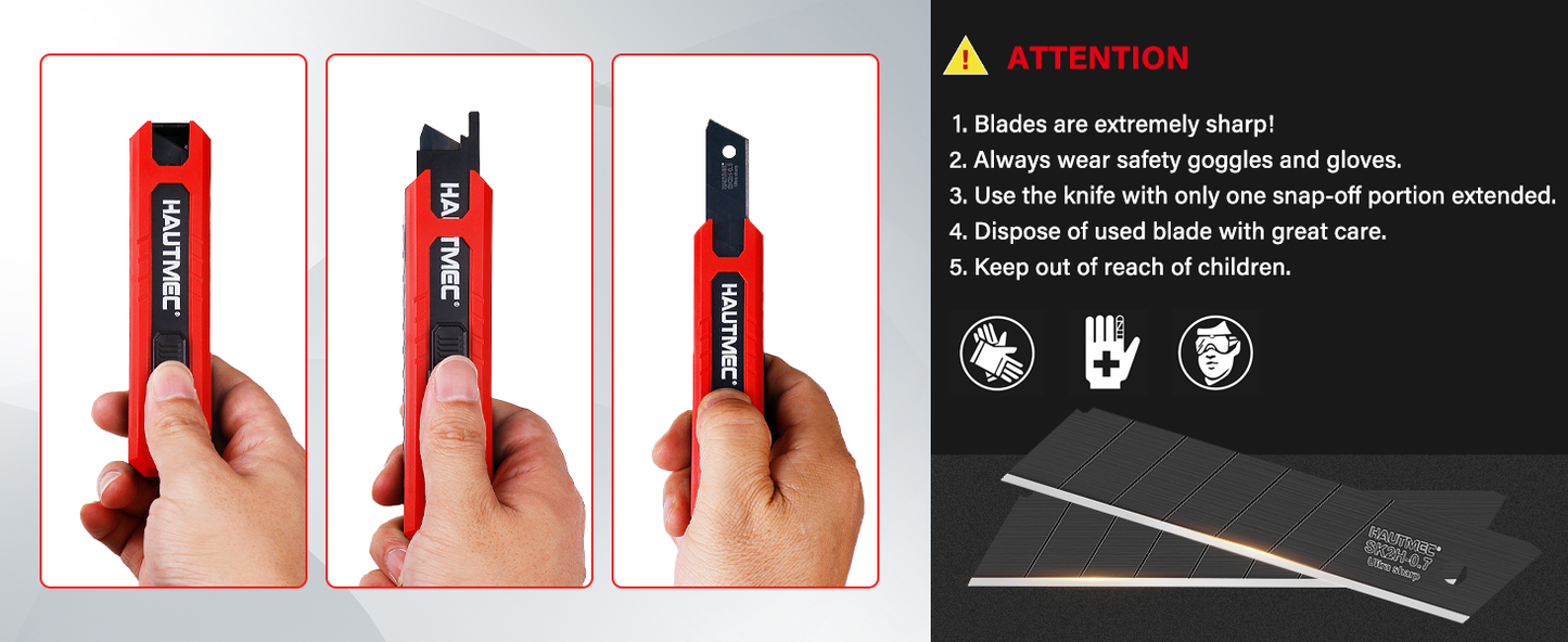 HAUTMEC 10PC 25mm Heavy Duty Utility Knife Blades, SK2H Steel Box Cutter Replacement Rustproof Blades - for Industrial or Construction Applications Bottom Snap-Off & Recycling Box 25009