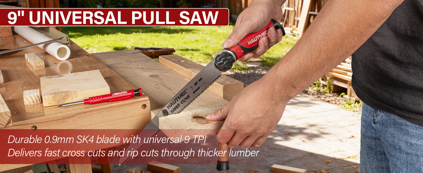 HAUTMEC 3-In-1 Japanese Pull Saw, Replaceable Blade Handsaw with 4-Angle Cutting, Pro Woodworking Cutting Tool (9.5-Inch 17TPI Fine-Cut, 9-Inch 9TPI Quick Cut, 6.5-Inch 6TPI Jab Saw) – HTHDM25050