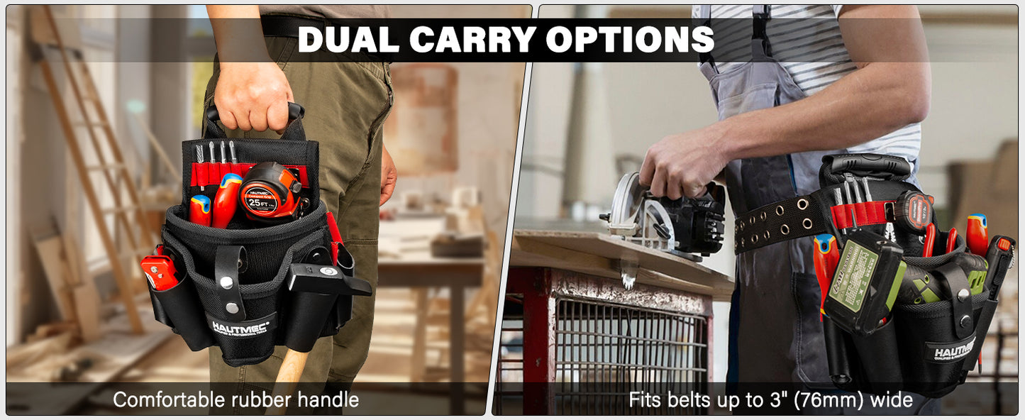 HAUTMEC Heavy-Duty Tool Pouch with Drill Holster, 1680D Tool Bag for Belt with Rubber Handle, 2 Main Compartments, 4 Leather Pockets, 11 Elastic Loops, Tape Measure Holder  – HT0410