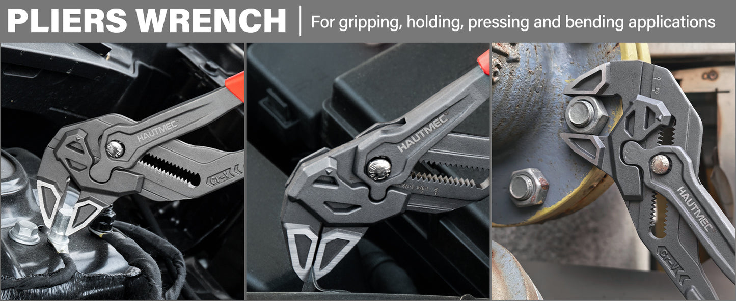 HAUTMEC 3PCS Adjustable Pliers Wrench Sets (7 10 12"), Smooth Jaw Parallel Pliers, Heat-Treated CR-V Steel & Phosphated Rust-Resistant, SAE/Metric Scale, Storage Belt Pouch for Professional & DIY HTAWH25026