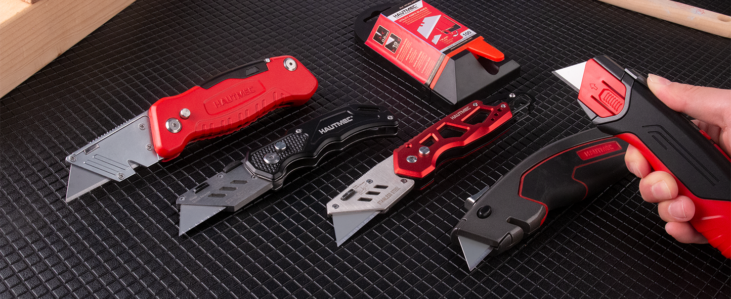 HAUTMEC 100 Pack Utility Knife Blades, Standard Box Cutter Blades with Innovative Safty Dispenser, Premium Carbon Steel Utility Blade Replacement, for Box, Carpet, Rope - HTUBL25011