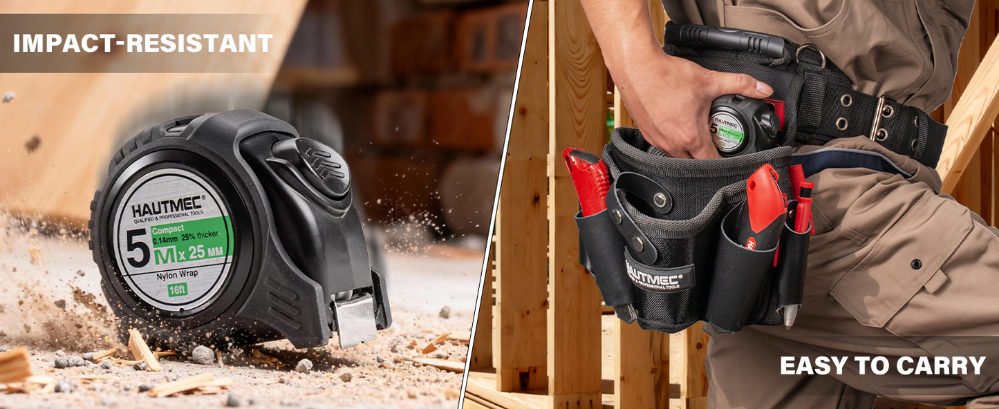 HAUTMEC Tape Measure 16ft/5m Dual Scale Metric Measuring Tape, Auto-Lock with Nylon Coated Blade & Rubber Case, for Construction, Woodworking, DIY HT0100