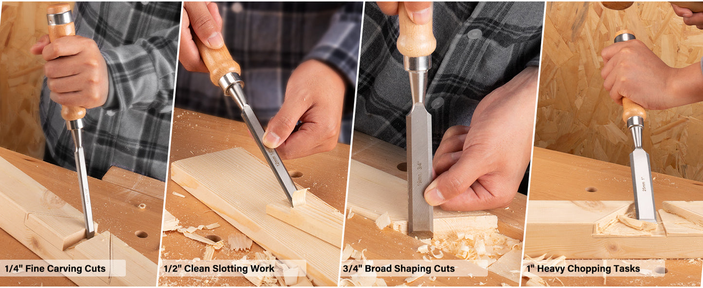 HAUTMEC 4PCS Wood Chisel Set for Woodworking, Carpentry Carving Tool with Bevel Edged Steel Blade, High Impact Handle for Woodcutting Sharpening HT0235-WW