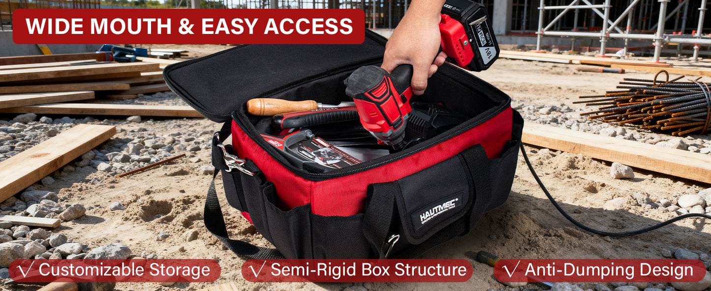HAUTMEC Heavy Duty Tool Bag Case 14.5 Inch, 1680D Oxford Fabric & EVA Reinforced Hard Bottom, Wide Opening with Removable Dividers, Multi-Pocket Organizer with Padded Strap & Trolley Sleeve - HT0401