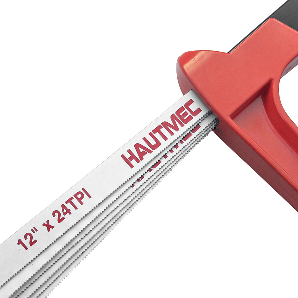 HAUTMEC 12 Inch Adjustable Hacksaw Frame With Blade Cabin, Heavy Duty 45°/90°2 Sawing Angles, 24 TPI High Tension Bi-metal HSS Blade, for Metal, Steel Pipe, PVC, Wood HT0015-CT