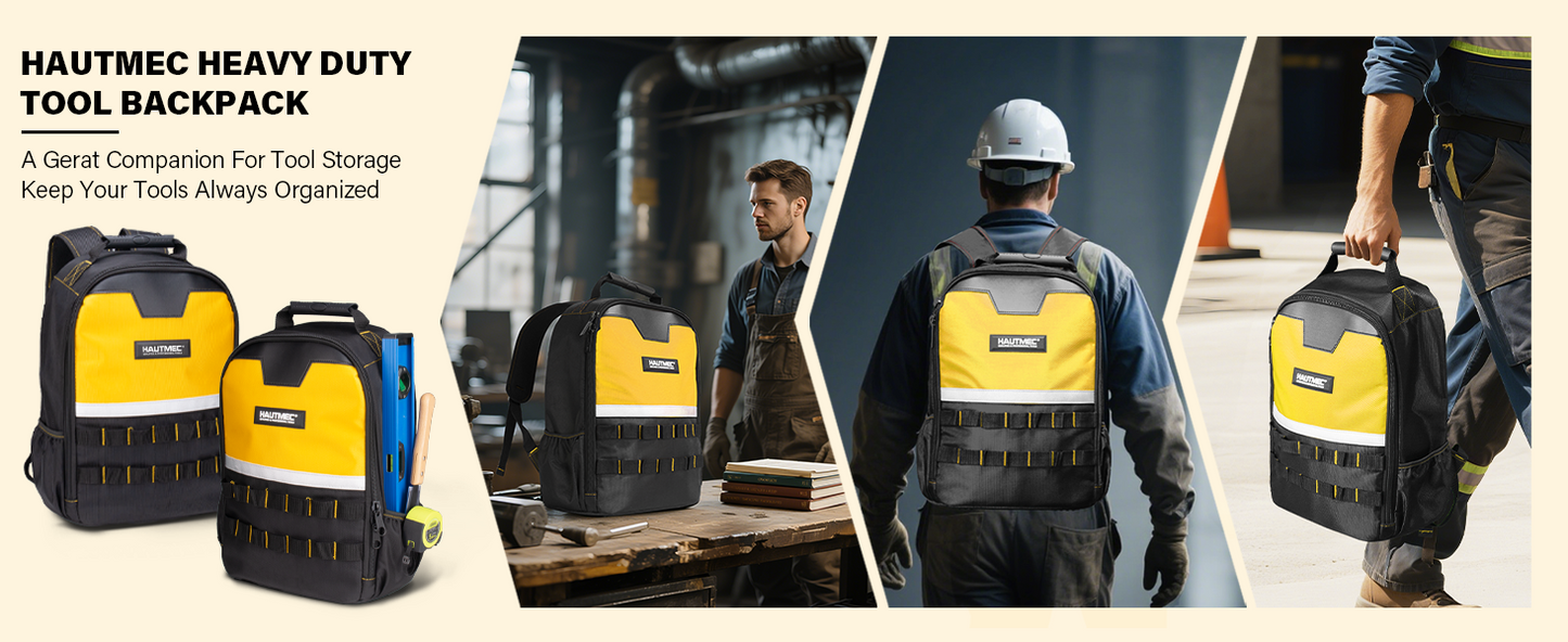 HAUTMEC Tool Backpack with Laptop Compartment, Heavy-Duty 1680D Oxford Tool Bag with Reinforced Base, 11 Pockets, Padded Straps, Portable Tool Organizer for Technicians, Contractors – HTTBM25058