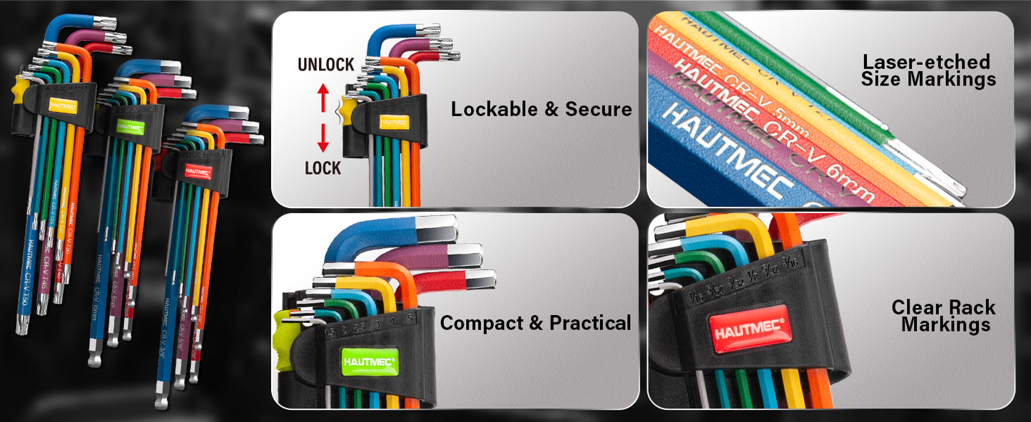 HAUTMEC 27PCS Long Allen Wrenches Sets with Ball End, SAE Metric Torx Allen Key Set with T-Handle Hex Key, 60CR-V Steel, Color Coded & Storage Bag,  SAE(1/16" to 3/8″),Metric(1.5-10mm),Torx (T10-T50) HTHKM25051