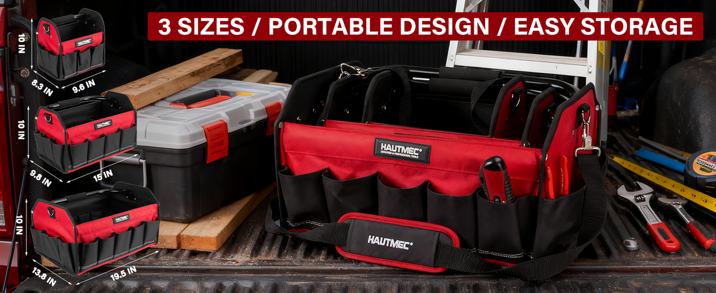 HAUTMEC 3PCS Heavy Duty Tool Tote Bag Set, 1680D Rigid Frame Tool Bags with Foldable Handle & Padded Shoulder Strap, Water-Resistant Hard Base, Multi-Pocket Tool Box Organizer – HTTBH25052
