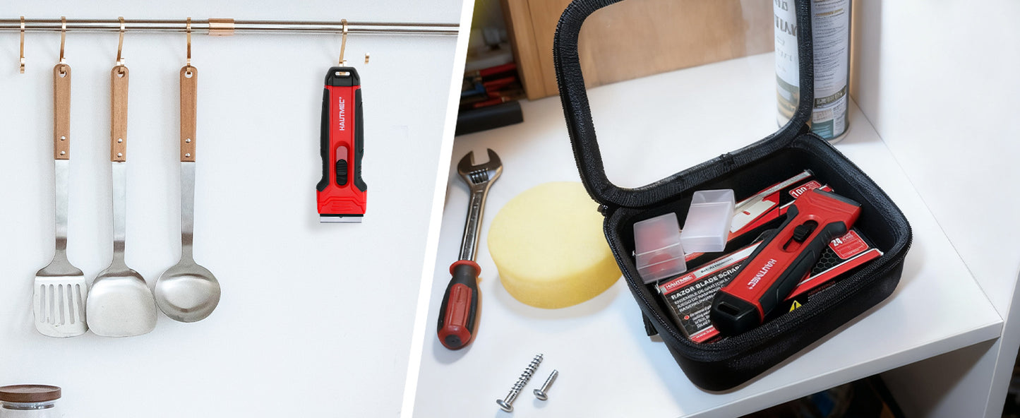 HAUTMEC Razor Blade Scraper Tool With 24Pcs Extra Blades, 10 Plastic Rozor Blades, 14 Carbon Steel Razor Blades, Removing Decals, Stickers, Labels for Glass, Tile, Window, Car, Cooktops HTPBM25031