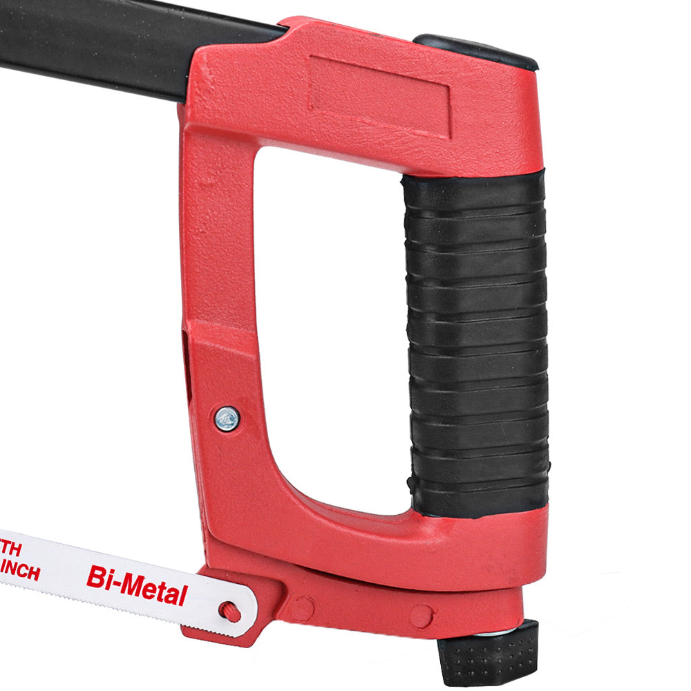 HAUTMEC 12 Inch Adjustable Hacksaw Frame With Blade Cabin, Heavy Duty 45°/90°2 Sawing Angles, 24 TPI High Tension Bi-metal HSS Blade, for Metal, Steel Pipe, PVC, Wood HT0015-CT