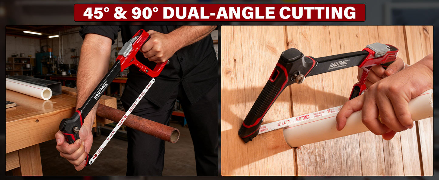 HAUTMEC 12" Fast Tension Hacksaw with Extra 5 HSS Blades, Heavy-Duty Aluminum Frame, Quick-Change Tension, Blade Storage, Pro Hack Saw with Dual Cutting Angles for Metal, PVC, Wood - HTHSH25034