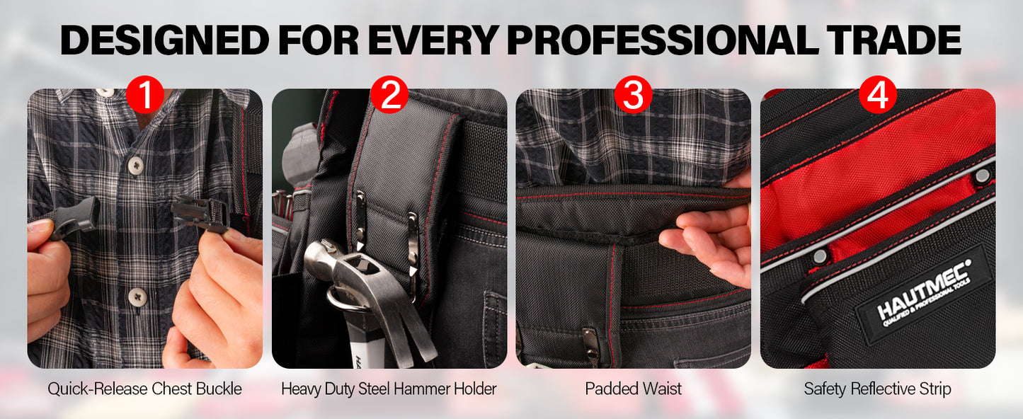 HAUTMEC Professional Tool Belt with Suspenders, 19 Pockets, Heavy-Duty 1680D Work Belt with Adjustable Padded Waist & Shoulder Support, Phone Pouch, Hammer & Tape Holder – HT0400