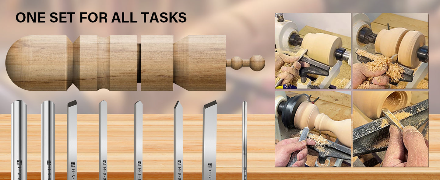 HAUTMEC Professional HSS Wood Turning Chisel Set 8 Pcs, Lathe Chisel Set with 3 Gouge 2 Skew 1 Spear Point 1 Parting 1 Round Nose Tools with 1680D Tool Bag for Professionals and Beginners - HTWCH25028