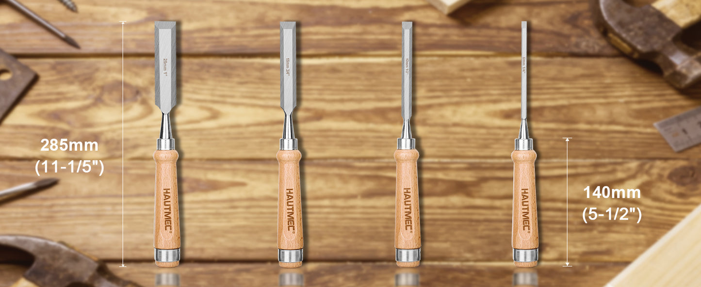 HAUTMEC 4PCS Wood Chisel Set for Woodworking, Carpentry Carving Tool with Bevel Edged Steel Blade, High Impact Handle for Woodcutting Sharpening HT0235-WW