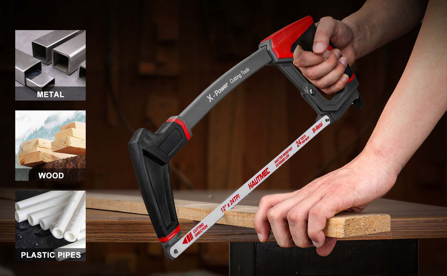 HAUTMEC 12 Inch X-Power High-Tension Hacksaw Frame, Adjustable 55°/90°Heavy Duty Aluminum Structure，Soft Non-slip Grip, 24 TPI Bi-Metal Blade for Metal, Wood, PVC Pipes HT0146-HS