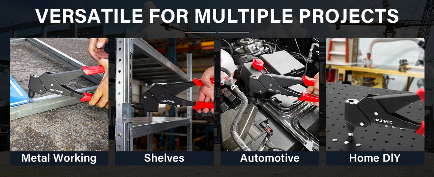 HAUTMEC 360° Swivel Head Rivet Gun with 120 Rivets 3/32"(2.4mm) 1/8"(3.2mm) 5/32"(4.0mm) 3/16"(4.8mm) and 4 Manual Interchangeable Rivet Heads HTRTM25062