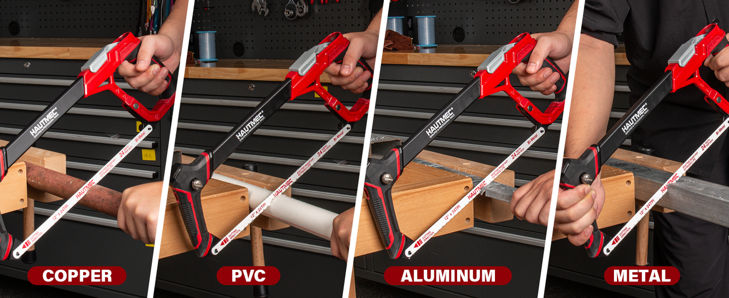 HAUTMEC 12" Fast Tension Hacksaw with Extra 5 HSS Blades, Heavy-Duty Aluminum Frame, Quick-Change Tension, Blade Storage, Pro Hack Saw with Dual Cutting Angles for Metal, PVC, Wood - HTHSH25034