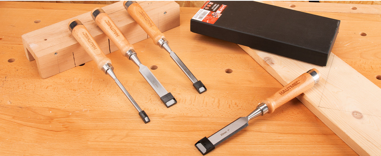 HAUTMEC 4PCS Wood Chisel Set for Woodworking, Carpentry Carving Tool with Bevel Edged Steel Blade, High Impact Handle for Woodcutting Sharpening HT0235-WW