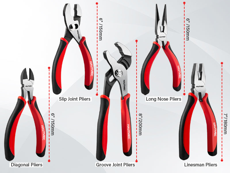 HAUTMEC 5-Piece Bi-Material Pliers Set, Including Slip-joint, Long Nose, Diagonal, Linesman, Groove Joint Pliers, Multi-Purpose for Repair, Home Maintenance, HTPTM25035