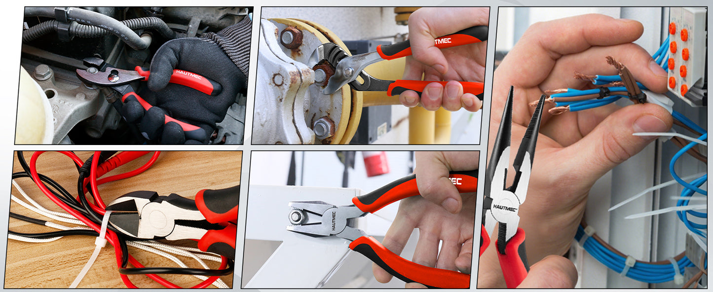 HAUTMEC 5-Piece Bi-Material Pliers Set, Including Slip-joint, Long Nose, Diagonal, Linesman, Groove Joint Pliers, Multi-Purpose for Repair, Home Maintenance, HTPTM25035