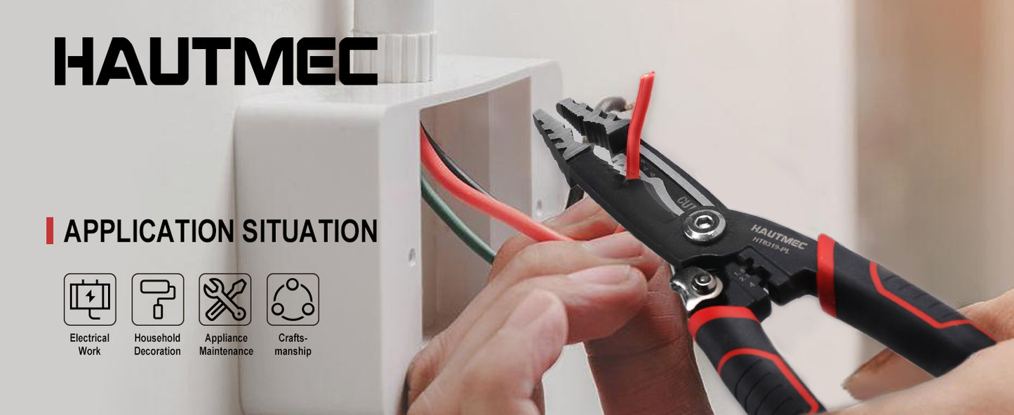 HAUTMEC 7-in-1 Wire Stripper Cutters Tool, 8" Wire Strippers, Electrical, Wire Cable Stripper and Crimping Tool, Multifunctional Pliers HT0319-PL