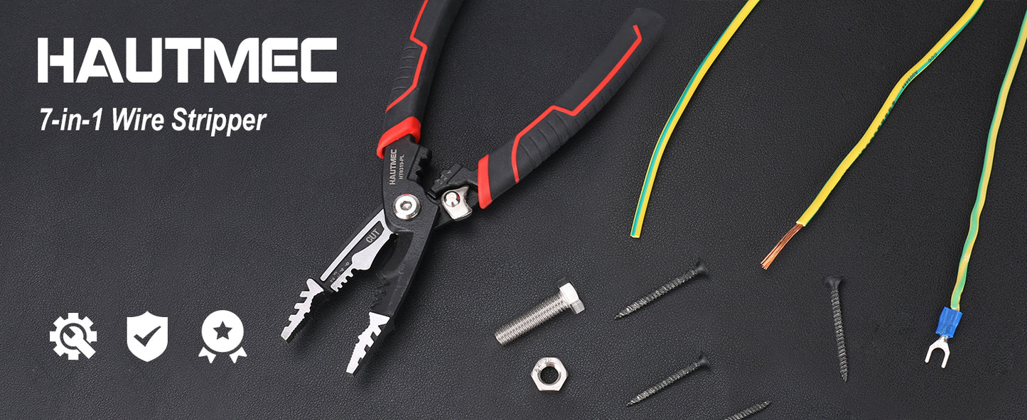 HAUTMEC 7-in-1 Wire Stripper Cutters Tool, 8" Wire Strippers, Electrical, Wire Cable Stripper and Crimping Tool, Multifunctional Pliers HT0319-PL