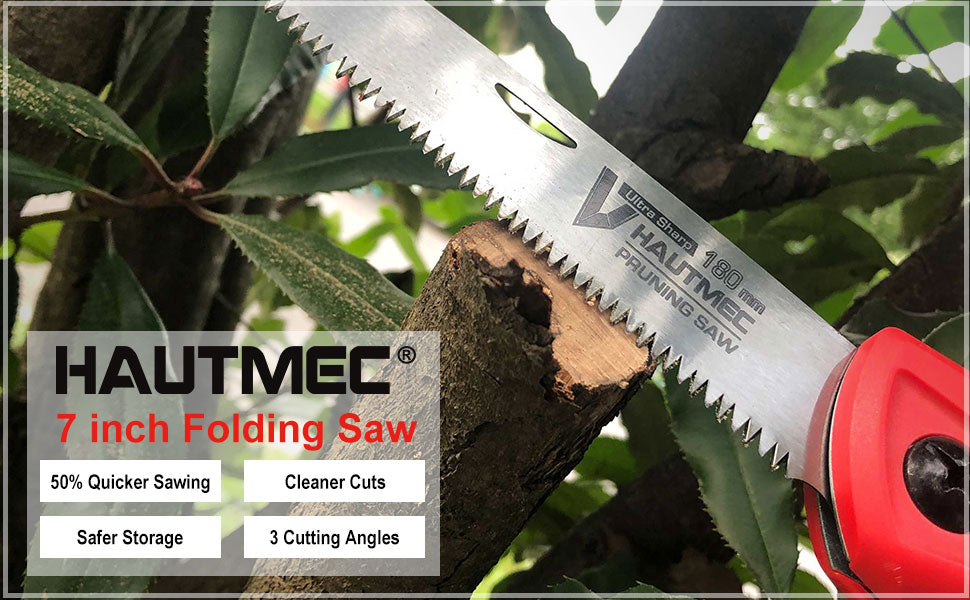 HAUTMEC 7 inch Folding Saw, SK-5 Steel and Triple-ground Teeth, Heavy Duty Single-Hand Blade Hand Saw for Wood Camping, Dry Wood Pruning Saw, for Garden Camping, Hunting and Bushcraft HT0135-PS