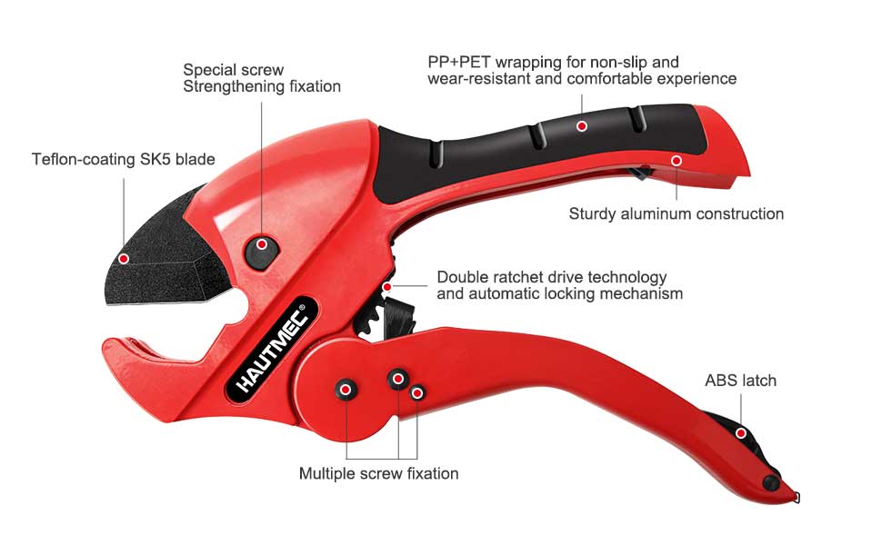 HAUTMEC Multifunction Ratchet-type Tube and Pipe Cutter, One-hand Fast Pipe Cutting Tool for Cutting Up to 1-5/8 inch, 3-in-1 Tubes, Wire and Trunking cutter HT0257-TC