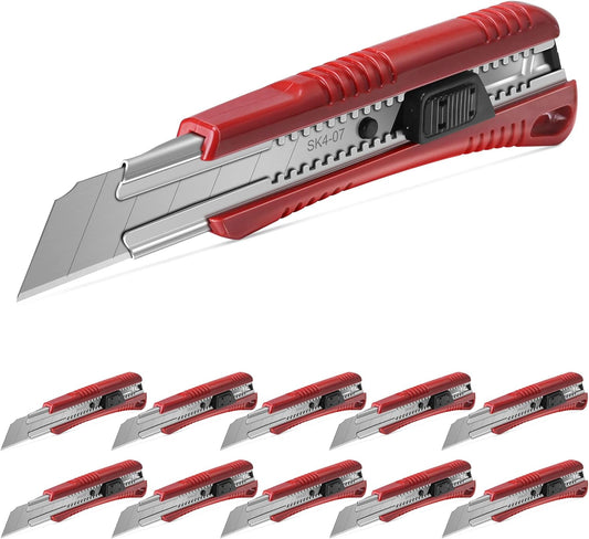 HAUTMEC 10PCS 25mm Utility Knife, Heavy Duty Auto-Lock, Retractable Box Cutter with 2pcs Spare Snap-off Sharp Blades HT0080-10PC