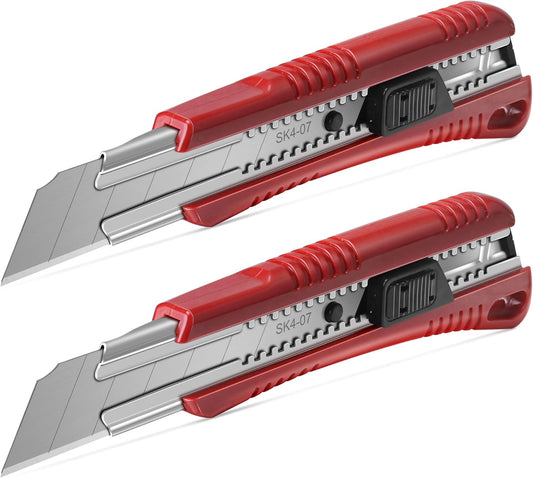 HAUTMEC 2PCS 25mm Extra Heavy-Duty SK4 Utility Knife, 3pcs blade Snap-off Retractable Box Cutter, Auto-lock Mechanism, Blade Storage Design HT0080-2PC