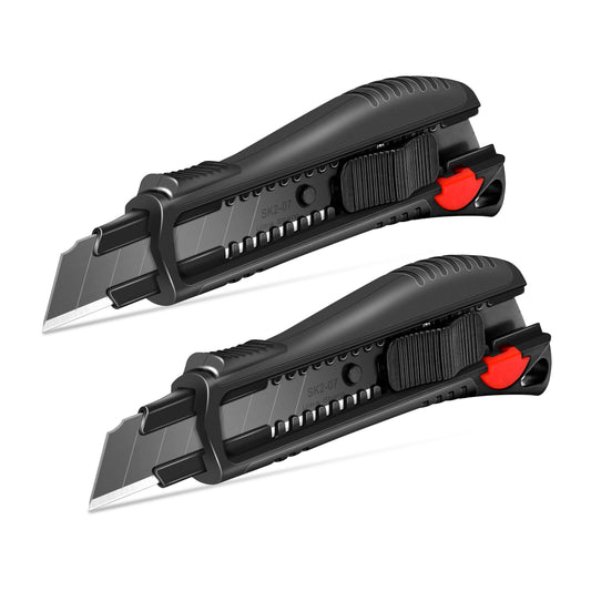HAUTMEC 2PCS 18mm Utility Knife Box Cutter with Safety Quick Change Button, Snap off Black SK2 Ultra Sharp Blade, Anti-Slip Ergonomic Rubber Handle for Leather, Rubber, Cartons, Boxes HT0081-2PC