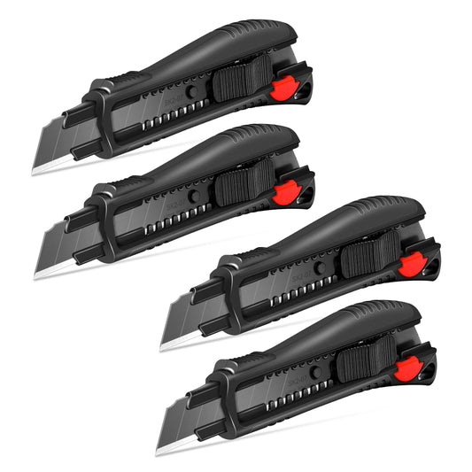 HAUTMEC 4PCS18mm Utility Knife Box Cutter with Safety Quick Change Button, Snap off Black SK2 Ultra Sharp Blade, Anti-Slip Ergonomic Rubber Handle for Leather, Rubber, Cartons, Boxes HT0081-4PC
