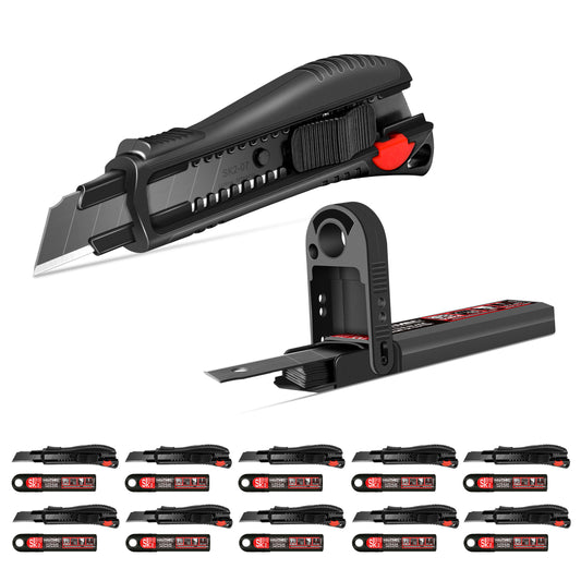 HAUTMEC Pro 18mm Black Auto-Lock Utility Knife Set Including 10pcs Ultra Sharp Black Snap-off Blades in Case, HT0094-10PC