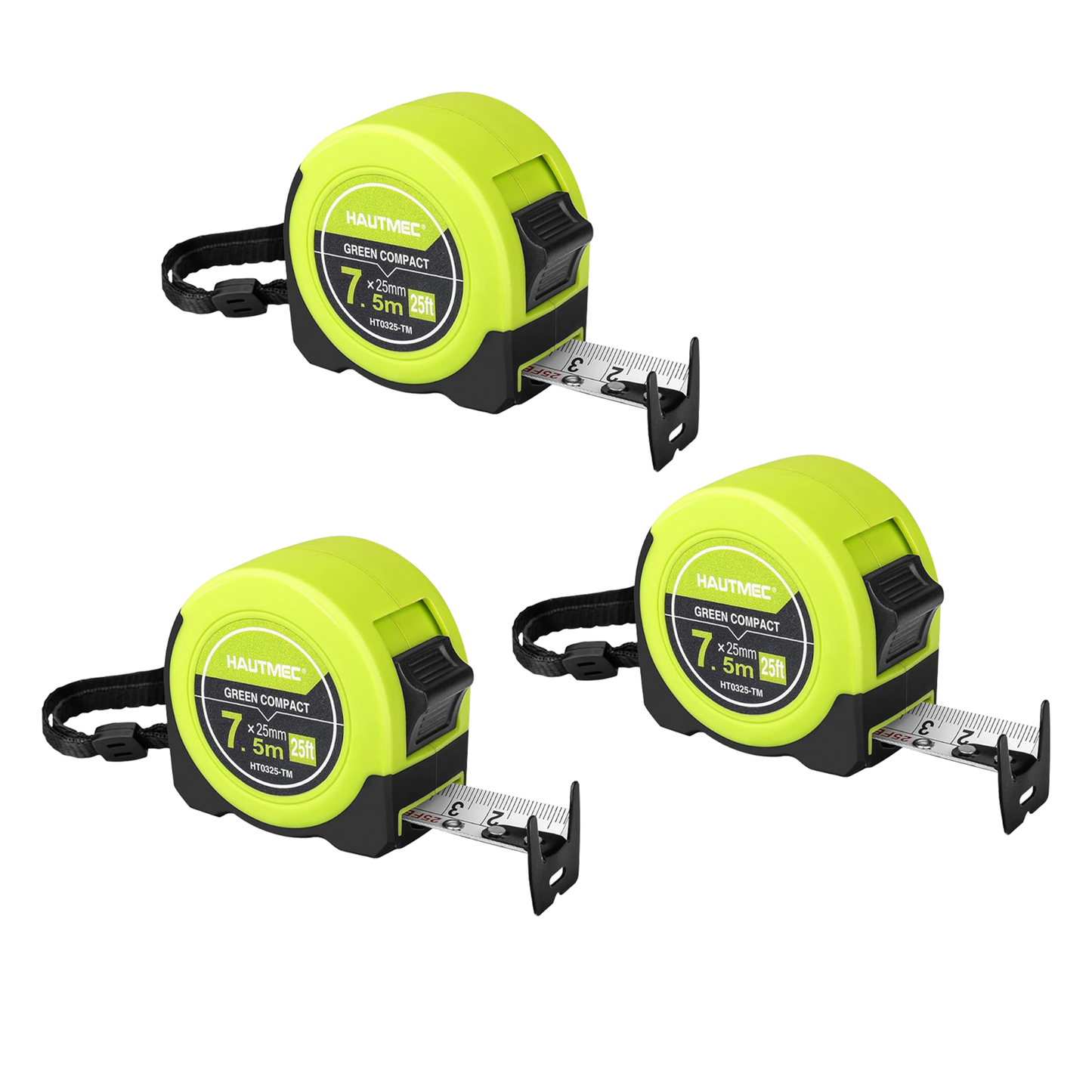 HAUTMEC 25ft/7.5M Tape Measure,Dual-Scale (Inches & CM) with Fractions 1/8 Retractable & Compact Measuring Tape,for Construction, Engineering,HT0325-3PC