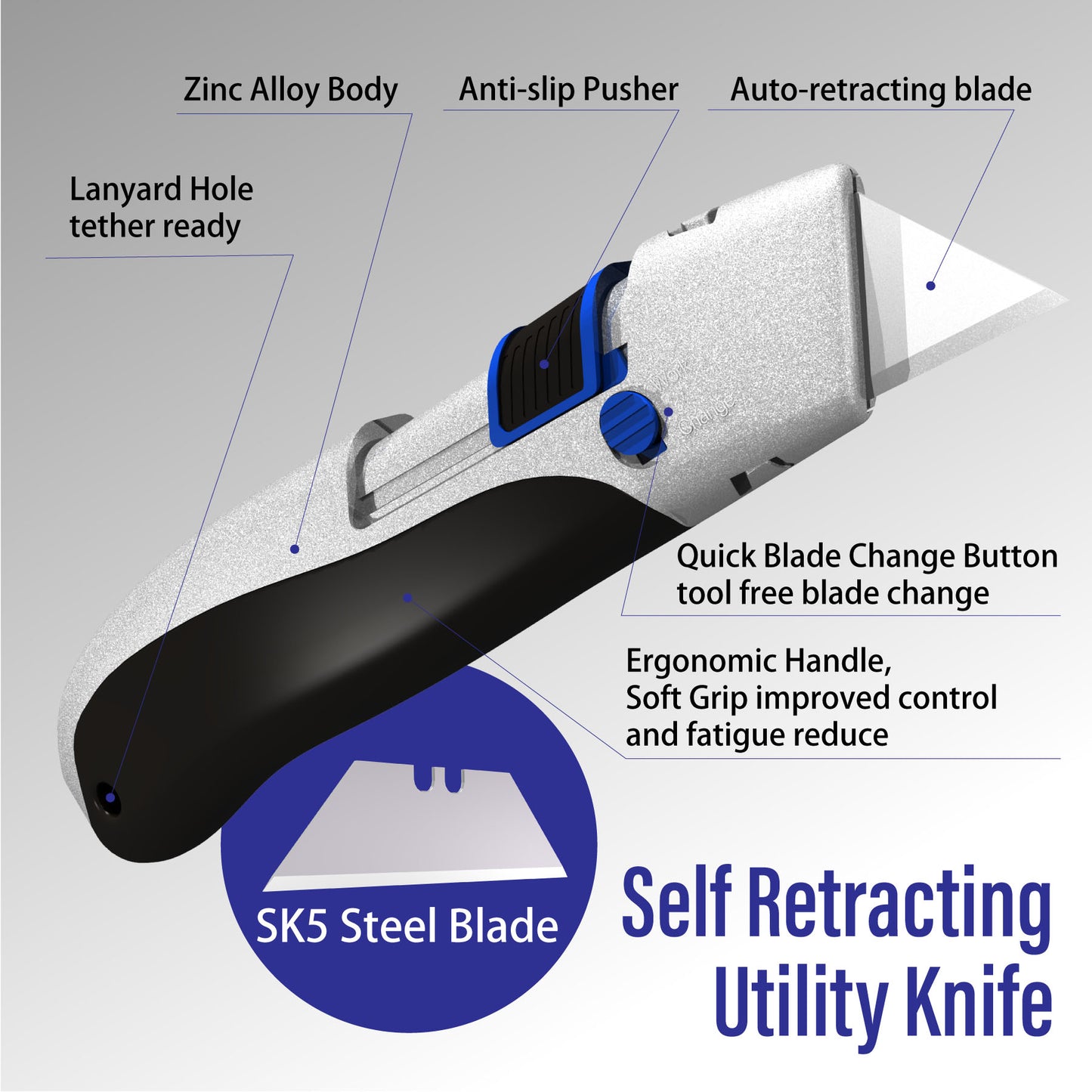 HAUTMEC Utility Knife Double Self Retraction Mechnism with Retractable Blade Heavy Duty Box Cutter with Zinc Alloy Body,Tool-free Blade Change,Premium High Safety HT0351-KN…