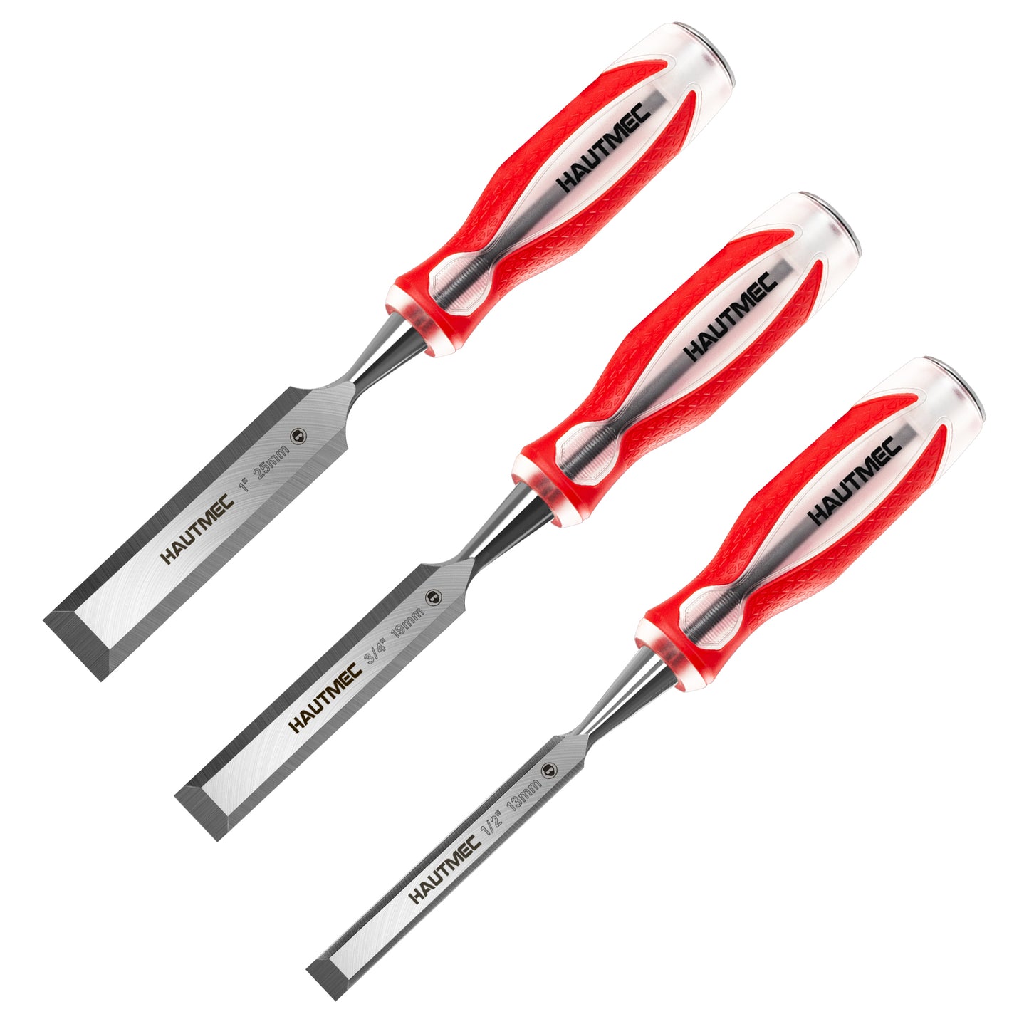 HAUTMEC 3 Piece Wood Chisel Set for Woodworking & Carving. Drop-Forged CR-V Steel Beveled Edge Blades with Ergonomic Non-Slip Handles and Heavy-Duty Strike Caps– HT0364